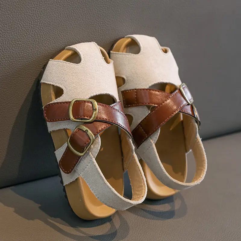 Suede Leather Children's Sandals for Girls Fashion Summer Girl Cross-tied Beach Shoes Baby Instant-dry Water Shoes Sandal I05112