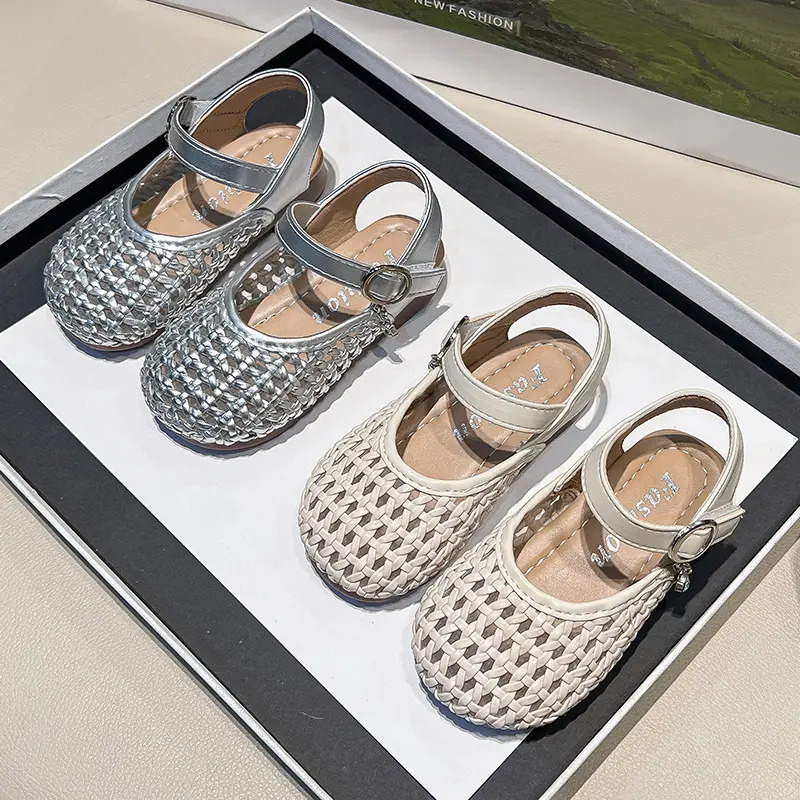 2025 Summer Sandals for Girls Braided Cover Toes Princess Shoes Girl Anti-slippery Breathable Beach Slingbacks Shoes Kids I05216