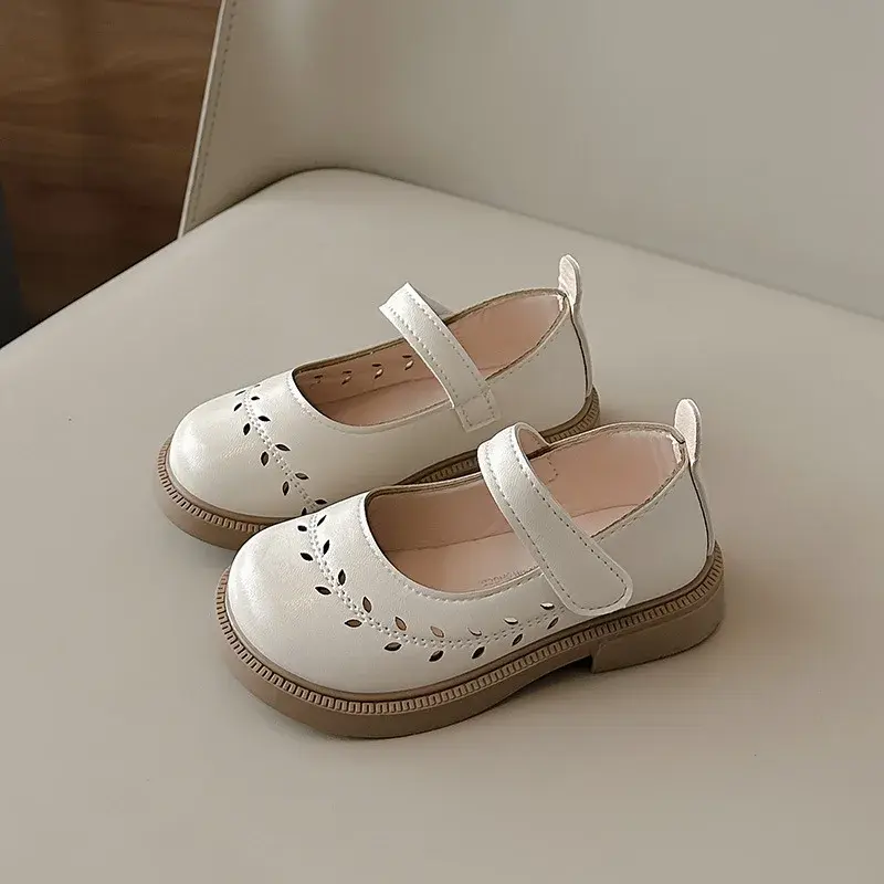 Brand Designer Olive Branch Hollowing Girl Leather Shoes for Party Wedding Round-toe French Style Children Moccasin Shoes I02123