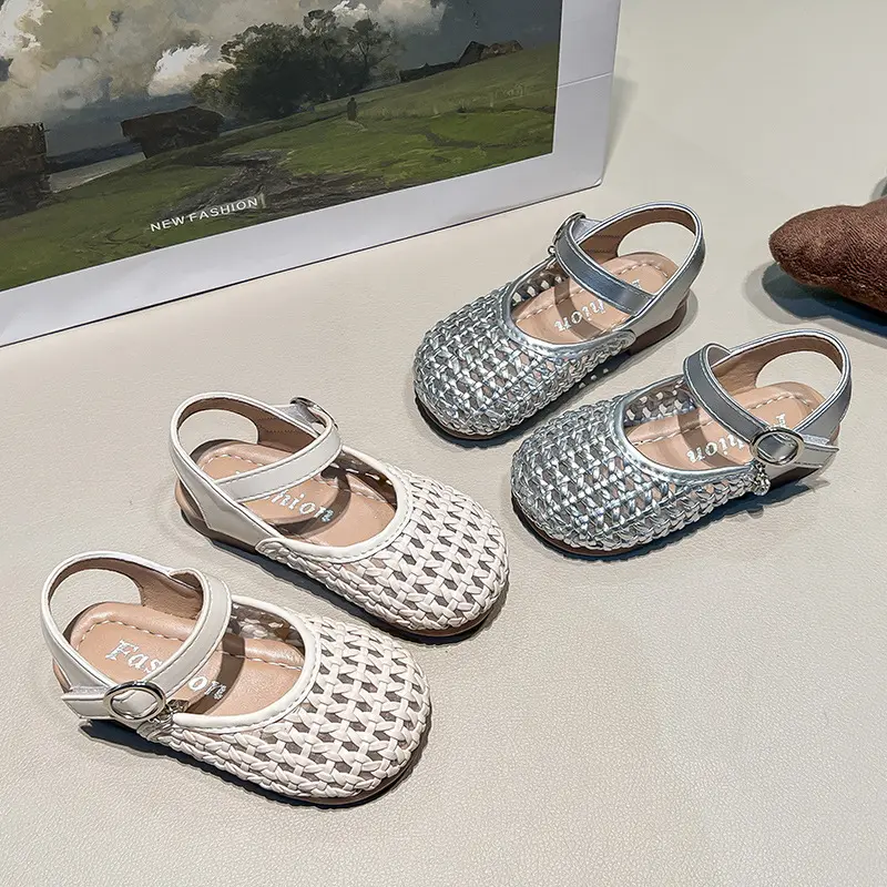 2025 Summer Sandals for Girls Braided Cover Toes Princess Shoes Girl Anti-slippery Breathable Beach Slingbacks Shoes Kids I05216