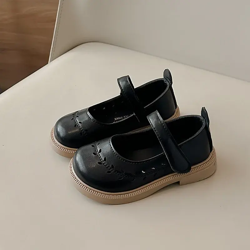 Brand Designer Olive Branch Hollowing Girl Leather Shoes for Party Wedding Round-toe French Style Children Moccasin Shoes I02123