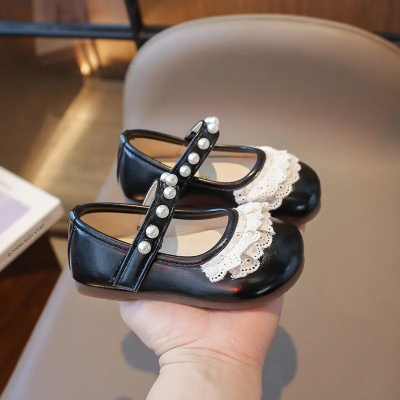 Spring Fall Kids Leather Shoes Ruffles Girls Princess Shoe Beading Strape Non Slip Children Dress Shoes for Evening Party I01232