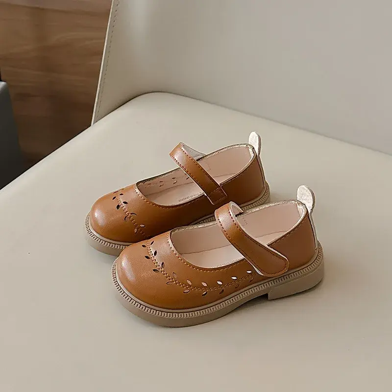 Brand Designer Olive Branch Hollowing Girl Leather Shoes for Party Wedding Round-toe French Style Children Moccasin Shoes I02123