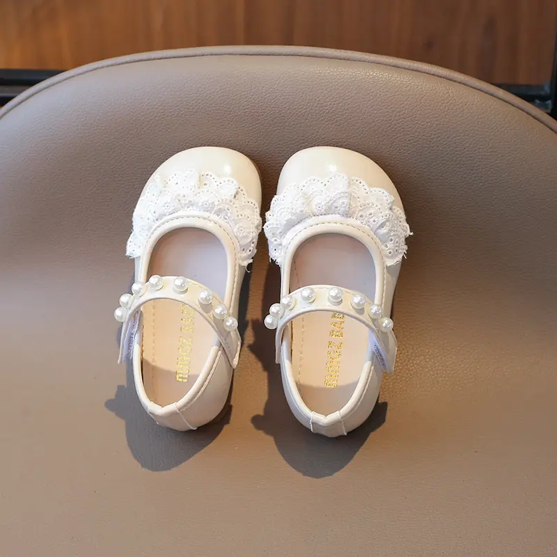 Spring Fall Kids Leather Shoes Ruffles Girls Princess Shoe Beading Strape Non Slip Children Dress Shoes for Evening Party I01232