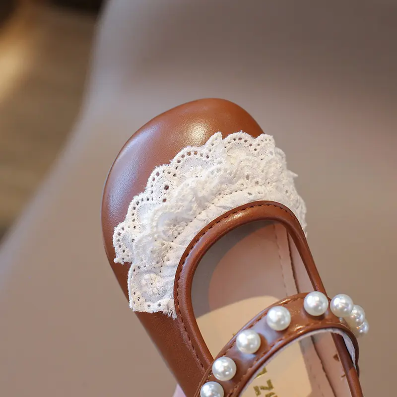 Spring Fall Kids Leather Shoes Ruffles Girls Princess Shoe Beading Strape Non Slip Children Dress Shoes for Evening Party I01232