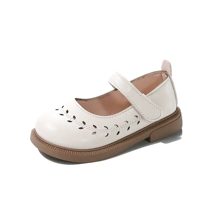Brand Designer Olive Branch Hollowing Girl Leather Shoes for Party Wedding Round-toe French Style Children Moccasin Shoes I02123