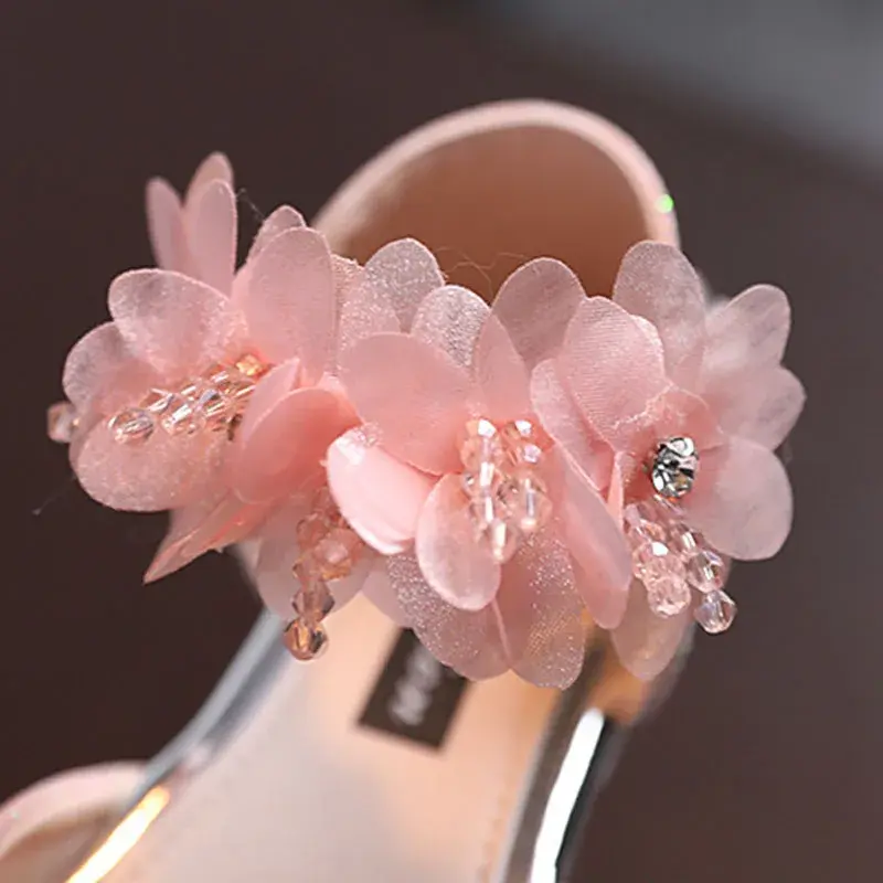 Pretty Peep-toe Sandals for Girls Nice Rhinestone Flowers Child Shoes Girls Low Heel Runway Performance Sandals Fish Head H01237