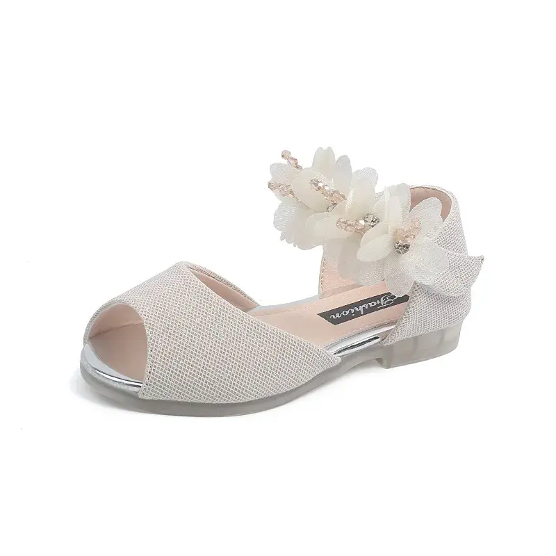 Pretty Peep-toe Sandals for Girls Nice Rhinestone Flowers Child Shoes Girls Low Heel Runway Performance Sandals Fish Head H01237