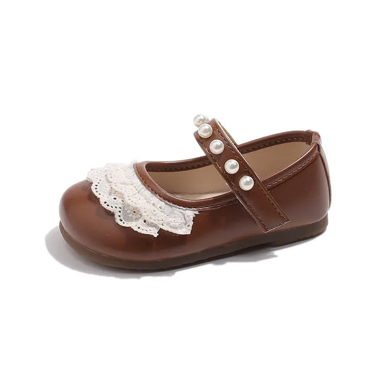 Spring Fall Kids Leather Shoes Ruffles Girls Princess Shoe Beading Strape Non Slip Children Dress Shoes for Evening Party I01232