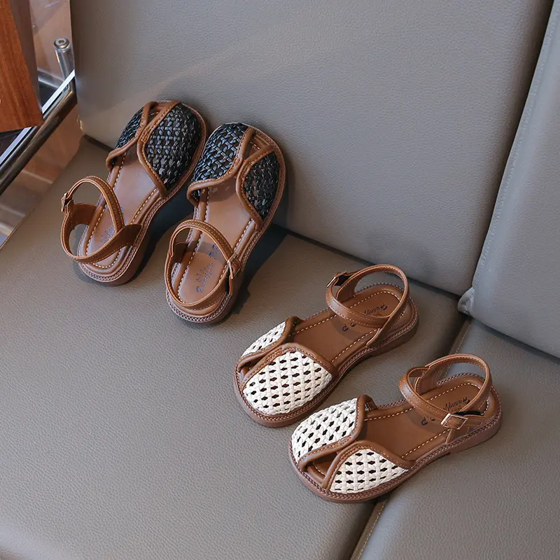 2025 Mix Color Braided Design Children Sandals Girls Shoes Metal Buckle Princess Cut-outs Sandals Student  Daily Footwear I05262