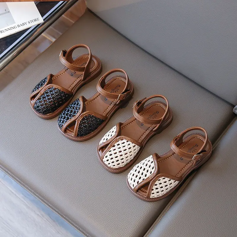 2025 Mix Color Braided Design Children Sandals Girls Shoes Metal Buckle Princess Cut-outs Sandals Student  Daily Footwear I05262