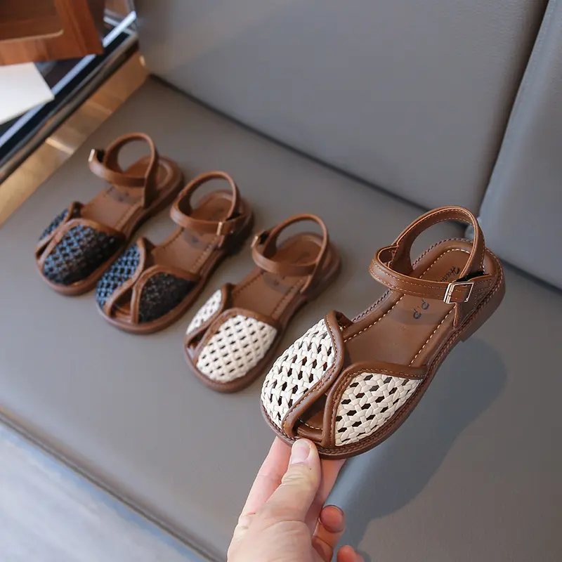 2025 Mix Color Braided Design Children Sandals Girls Shoes Metal Buckle Princess Cut-outs Sandals Student  Daily Footwear I05262
