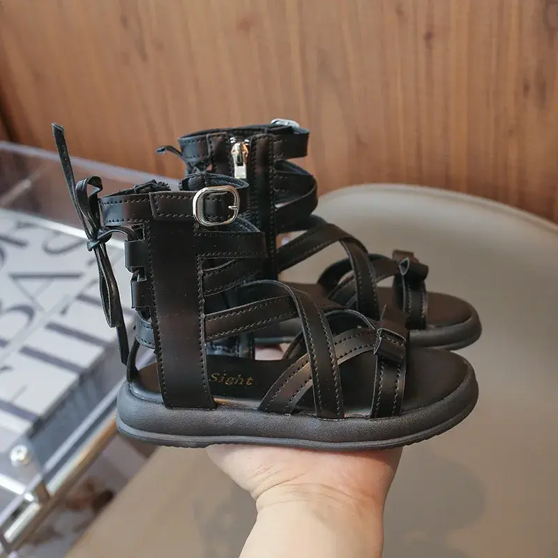 Summer Hollowed-out Breathable High Top Roman Sandals for Kids Girls New All-match Side Zipper Platform Shoes Girl Party I03141