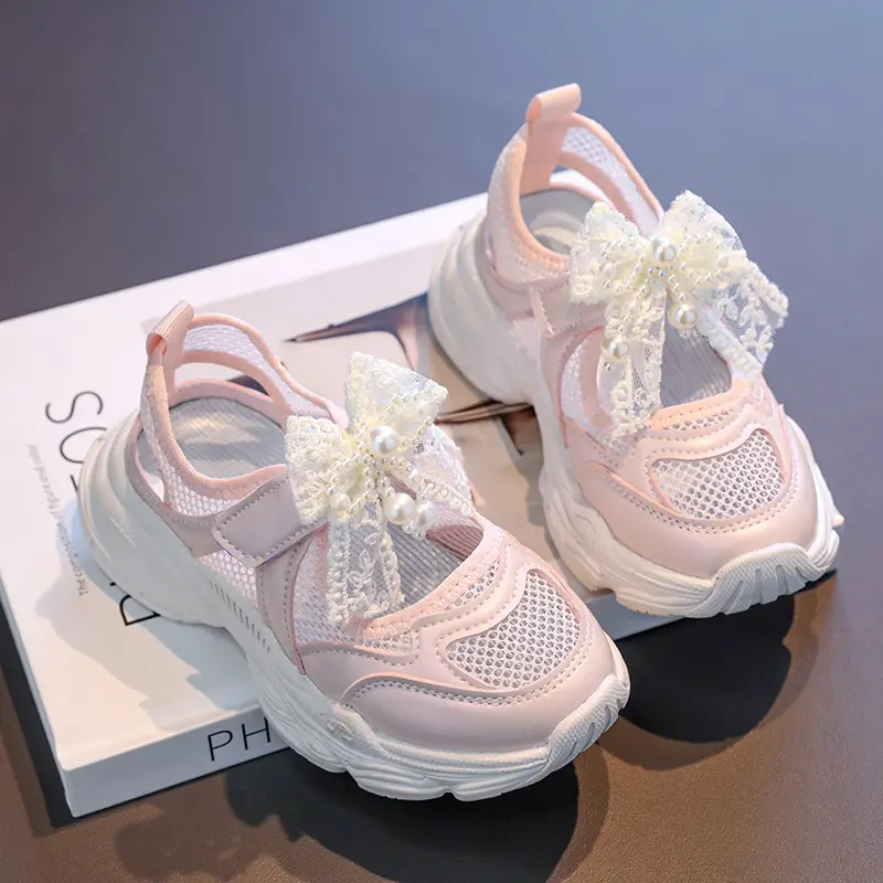 Girl's Net Mesh Chunky Sneakers Pearl Lace Bow-tie Sports Shoes Ventilated Not stuffy Children Running Shoes Girl Fitness I06229