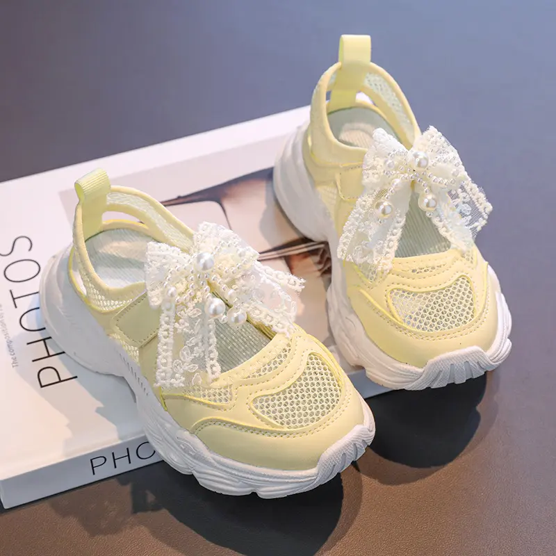 Girl's Net Mesh Chunky Sneakers Pearl Lace Bow-tie Sports Shoes Ventilated Not stuffy Children Running Shoes Girl Fitness I06229