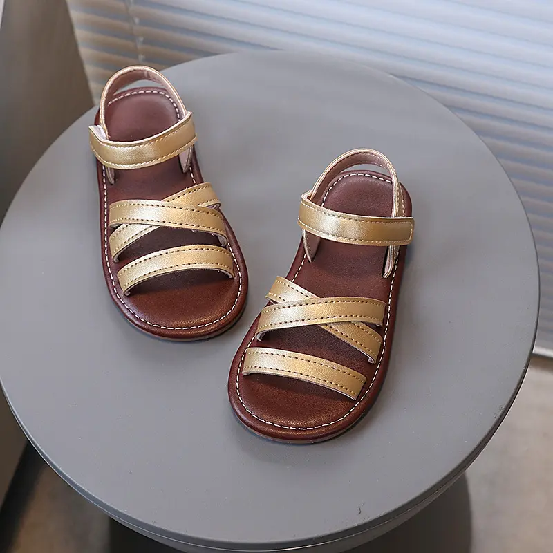 Summer Cross-tied Roman Sandals for Girls Retro Open Toe Beach Shoes Girl Soft Sole Comfortable Versatile Student Sandals I04141