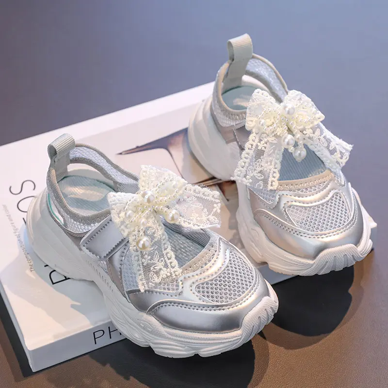 Girl's Net Mesh Chunky Sneakers Pearl Lace Bow-tie Sports Shoes Ventilated Not stuffy Children Running Shoes Girl Fitness I06229