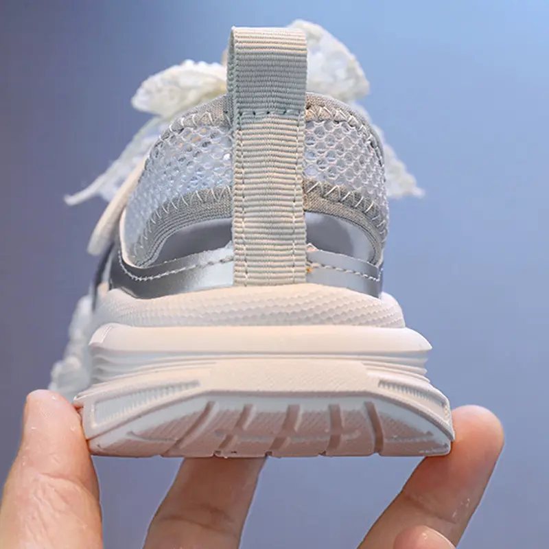 Girl's Net Mesh Chunky Sneakers Pearl Lace Bow-tie Sports Shoes Ventilated Not stuffy Children Running Shoes Girl Fitness I06229