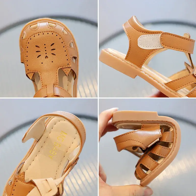 New Kids Sandals Girls Black Beige Brown Hollow Out Shoes for Children Summer Closed Toe Lolita Student Beach Shoes Child H01195