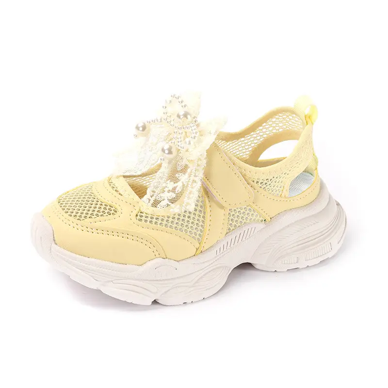 Girl's Net Mesh Chunky Sneakers Pearl Lace Bow-tie Sports Shoes Ventilated Not stuffy Children Running Shoes Girl Fitness I06229