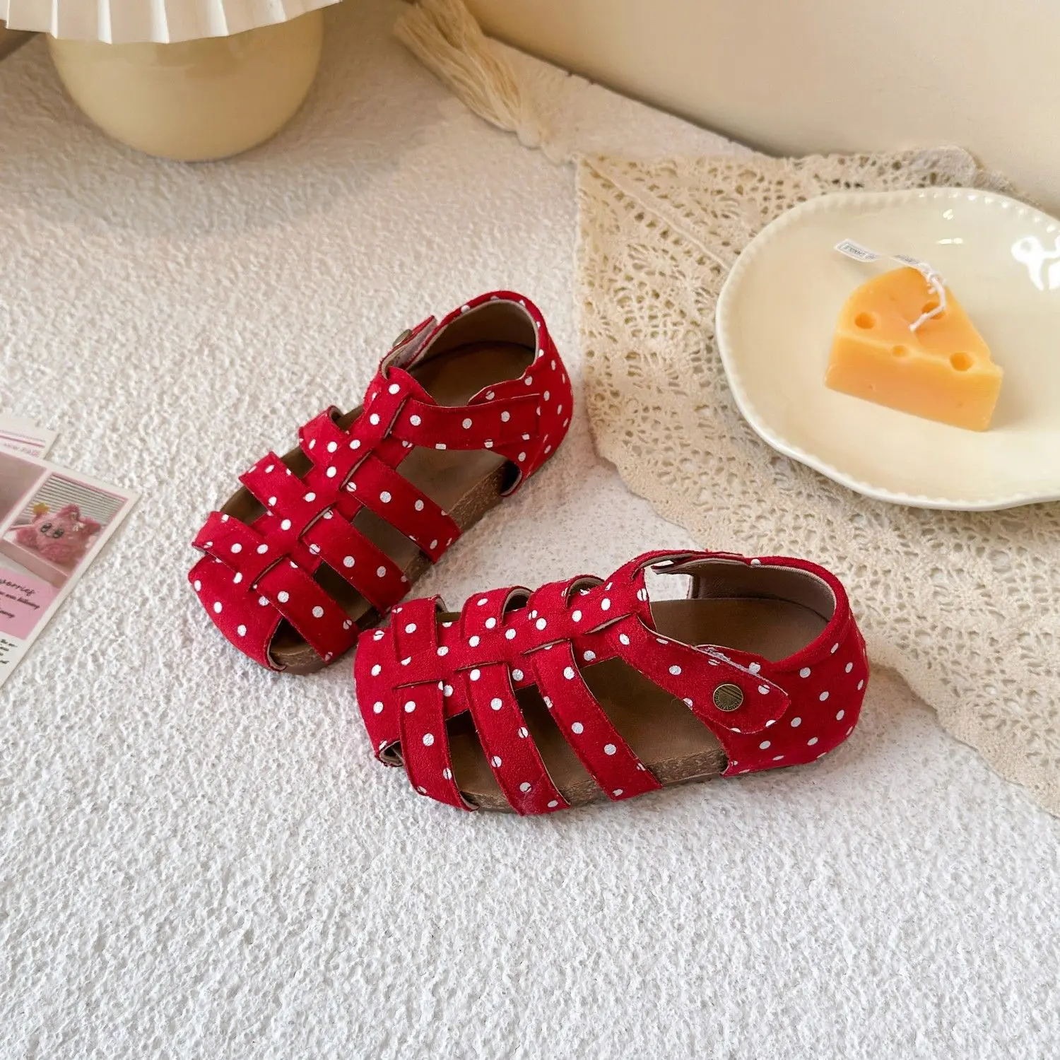 All Over Print Polka Dot Children Sandals for Girls Suede Leather Summer Students Holiday Shoes Girl Daily Shoes Cut-outs I05103