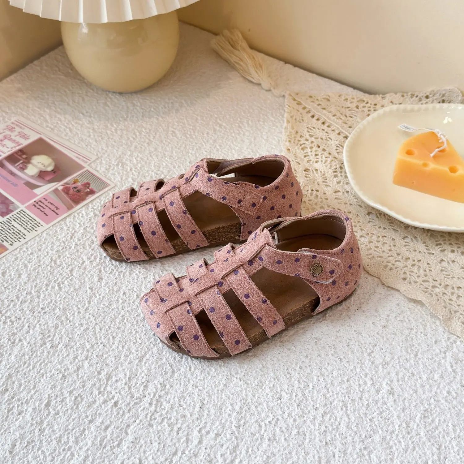 All Over Print Polka Dot Children Sandals for Girls Suede Leather Summer Students Holiday Shoes Girl Daily Shoes Cut-outs I05103