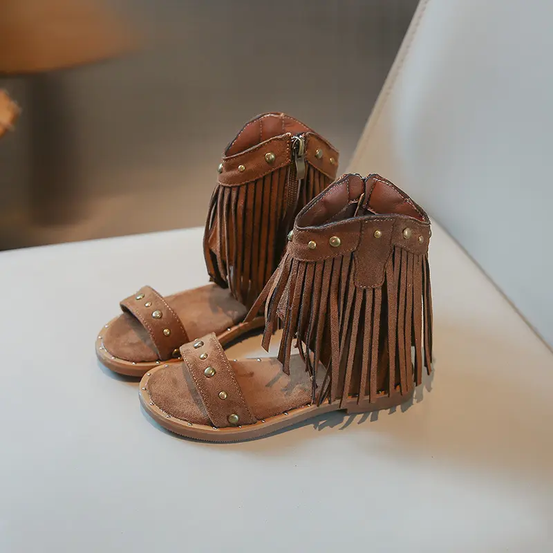 One-strap Summer Roman Shoes for Girls Tassel Rivets High-top Sandals Little Girl Soft Sole Bohemian Dress Shoes Child I06133