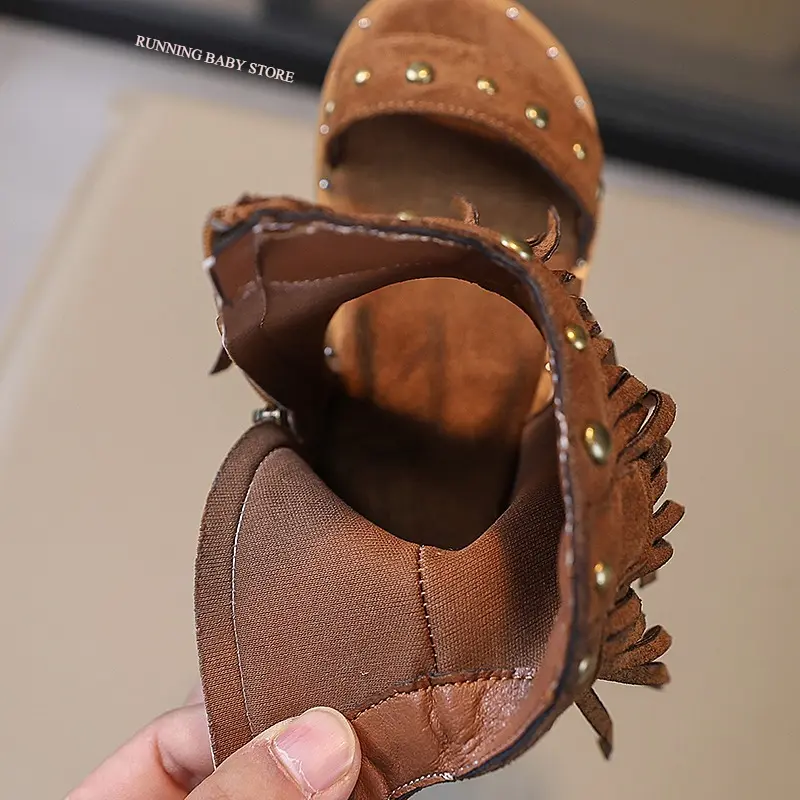 One-strap Summer Roman Shoes for Girls Tassel Rivets High-top Sandals Little Girl Soft Sole Bohemian Dress Shoes Child I06133