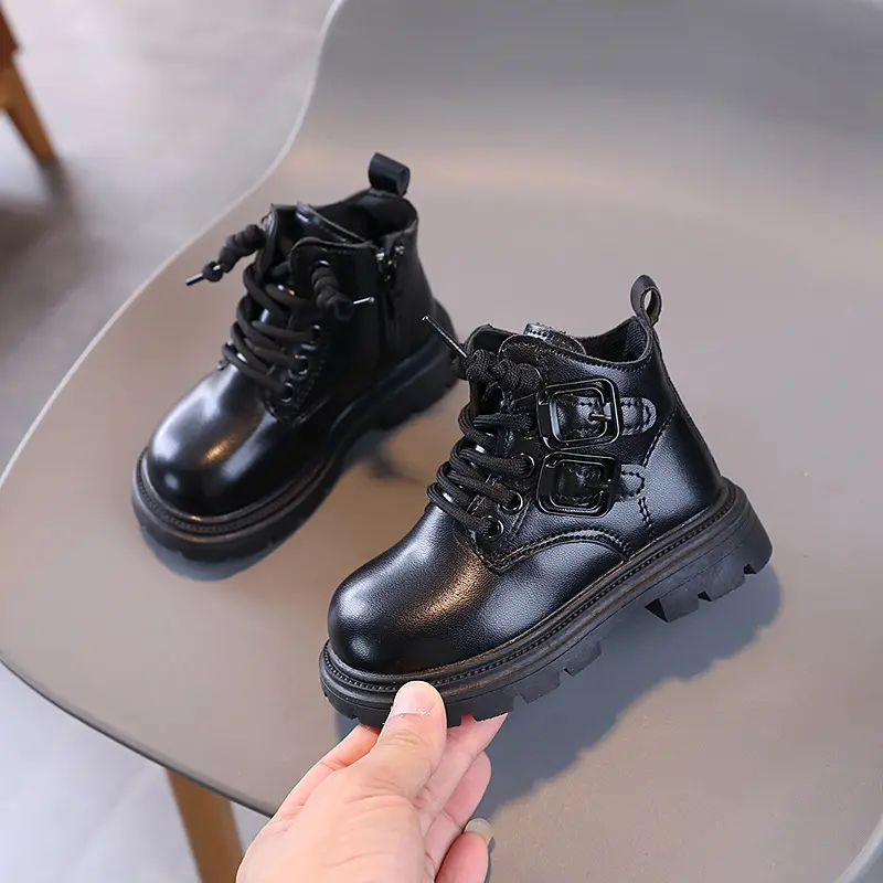 New Children Boots Soft Leather Handsome Trendy Kids Short Boot Matte PU Leather Anti-slip Unisex Boy Girl Platform Shoes I06234