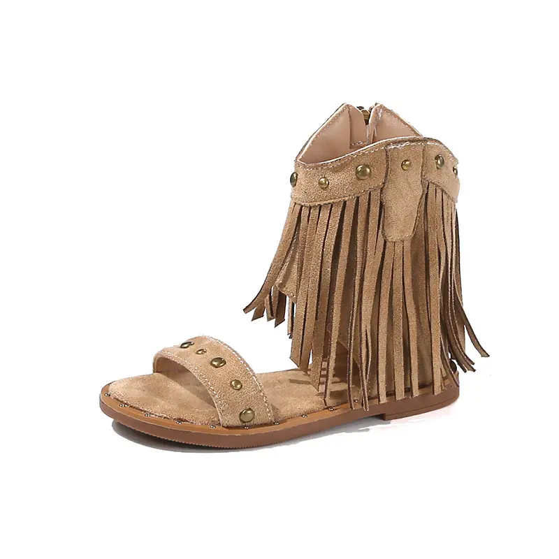 One-strap Summer Roman Shoes for Girls Tassel Rivets High-top Sandals Little Girl Soft Sole Bohemian Dress Shoes Child I06133