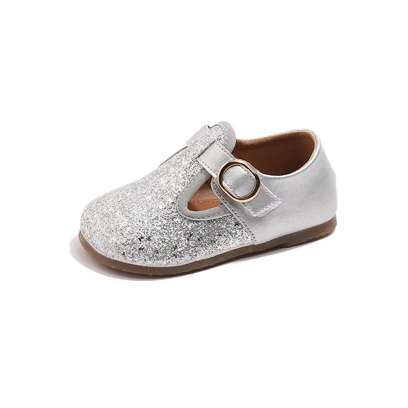 Fashion Patent Leather Shallow Child Shoes T-tied Round Toe Covered with Sparkly Glitter Princess Daily School Shoes Kids I07313