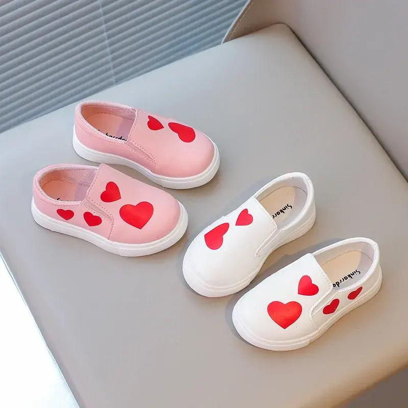 Kids Girl Flat Shoes Heart-shape Print Pink White Casual Girls Daily Shoes Child Non-slip Shallow School Slip on Footwear I05234