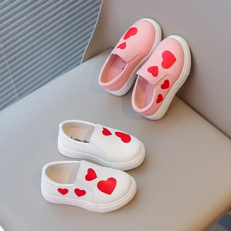 Kids Girl Flat Shoes Heart-shape Print Pink White Casual Girls Daily Shoes Child Non-slip Shallow School Slip on Footwear I05234