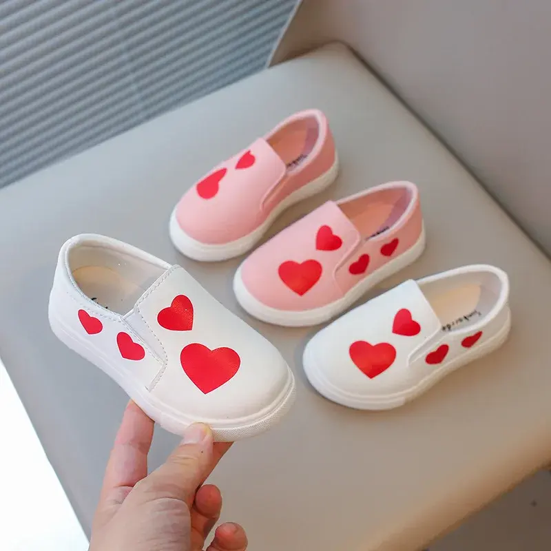 Kids Girl Flat Shoes Heart-shape Print Pink White Casual Girls Daily Shoes Child Non-slip Shallow School Slip on Footwear I05234