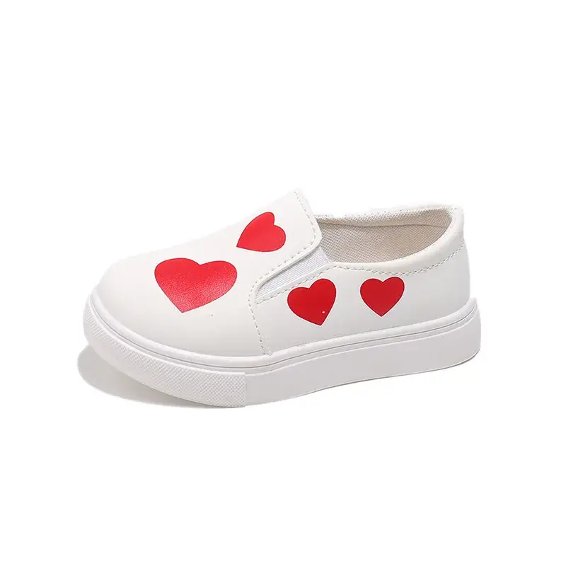 Kids Girl Flat Shoes Heart-shape Print Pink White Casual Girls Daily Shoes Child Non-slip Shallow School Slip on Footwear I05234