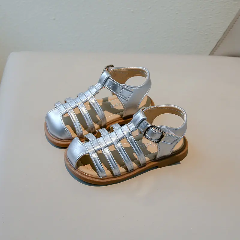 Retro Children Cut Out Shoes Girls Roman Shoes British Style Non-slip Fashion Kids Toes Capped Shoes Peep Toe Solid Color I06054