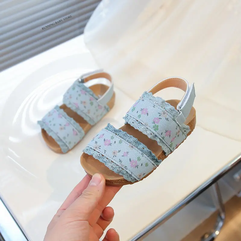 2025 All Over Flowers Printed Children's Sandals for Girls Platform Beach Shoes Ruffles Princess Slingbacks Student Shoes I05161