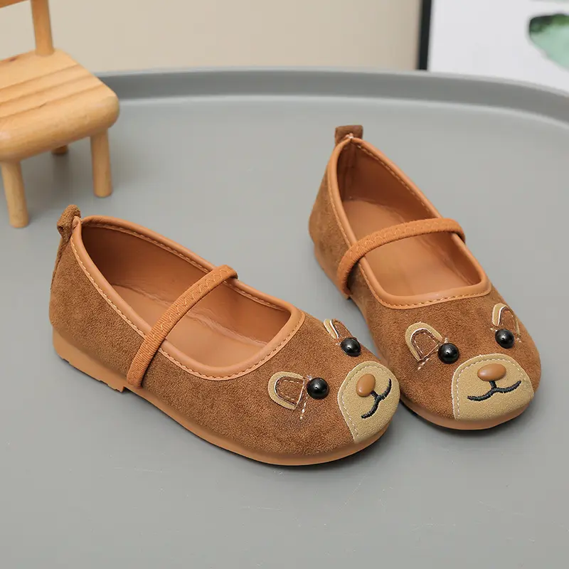 Girls Princess Shoe Kid's Bear Pattern Shoes Children's Soft Soles Comfortable Little Girl Suede Mary Janes Student Shoes I06135