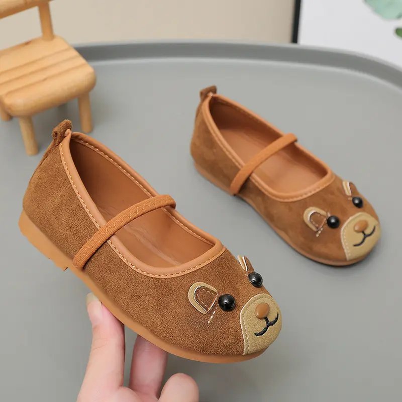 Girls Princess Shoe Kid's Bear Pattern Shoes Children's Soft Soles Comfortable Little Girl Suede Mary Janes Student Shoes I06135