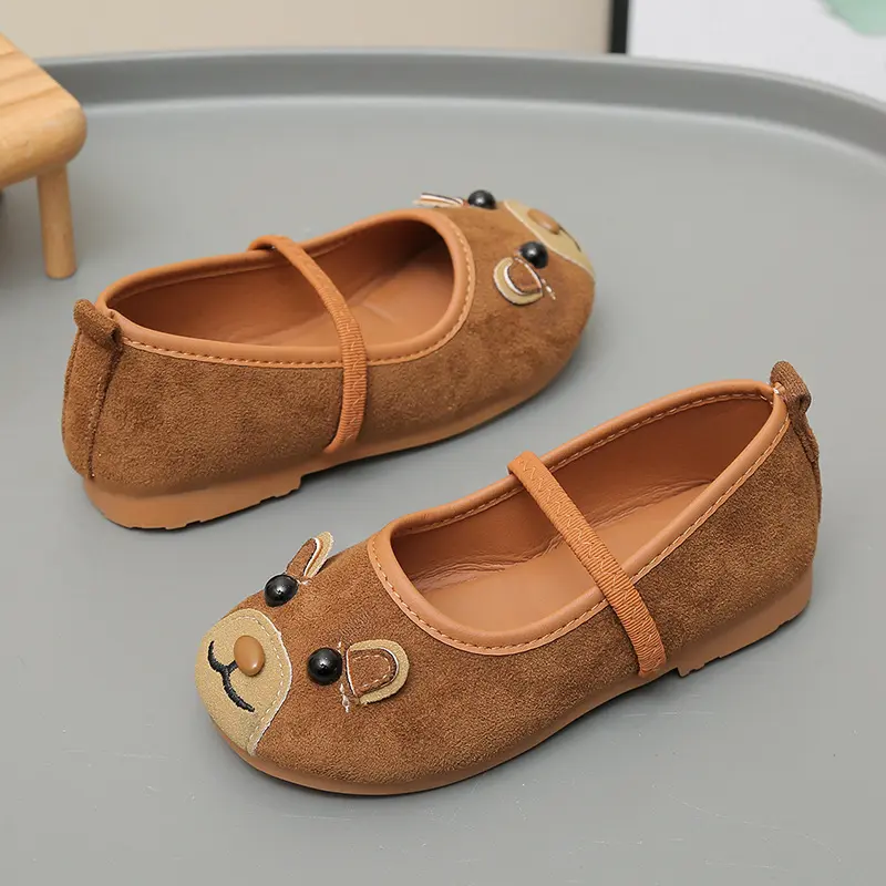 Girls Princess Shoe Kid's Bear Pattern Shoes Children's Soft Soles Comfortable Little Girl Suede Mary Janes Student Shoes I06135