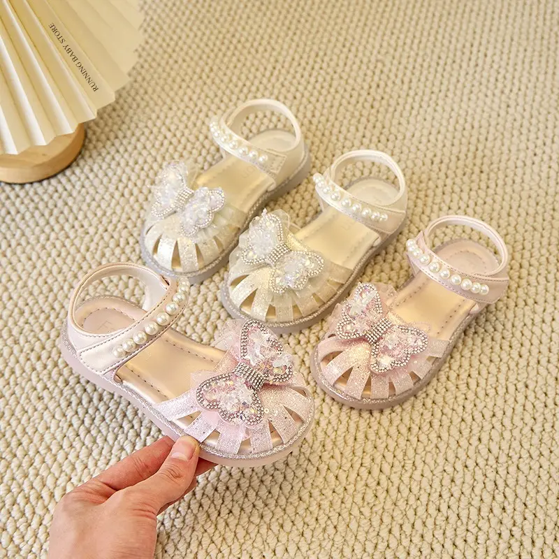Summer New Sandals for Girls Dreamlike Sparkly Glitter Children's Shoes Bow Beading Performance Dance Princess Shoes Girl I06039