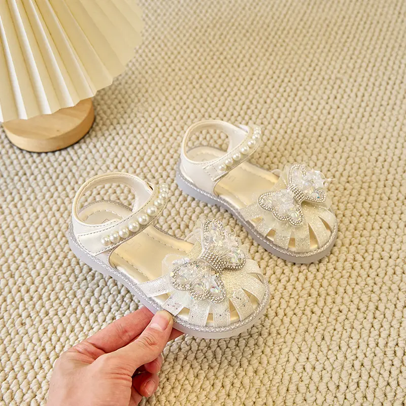 Summer New Sandals for Girls Dreamlike Sparkly Glitter Children's Shoes Bow Beading Performance Dance Princess Shoes Girl I06039