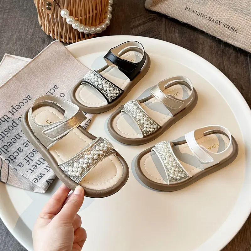 Girls Summer Sandals Kids Beach Shoes Rhinestone Sweet Princess Wedding Party Sandals Korean Style Flexible Beading Shoes I06081
