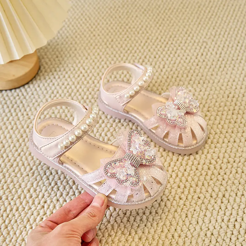 Summer New Sandals for Girls Dreamlike Sparkly Glitter Children's Shoes Bow Beading Performance Dance Princess Shoes Girl I06039