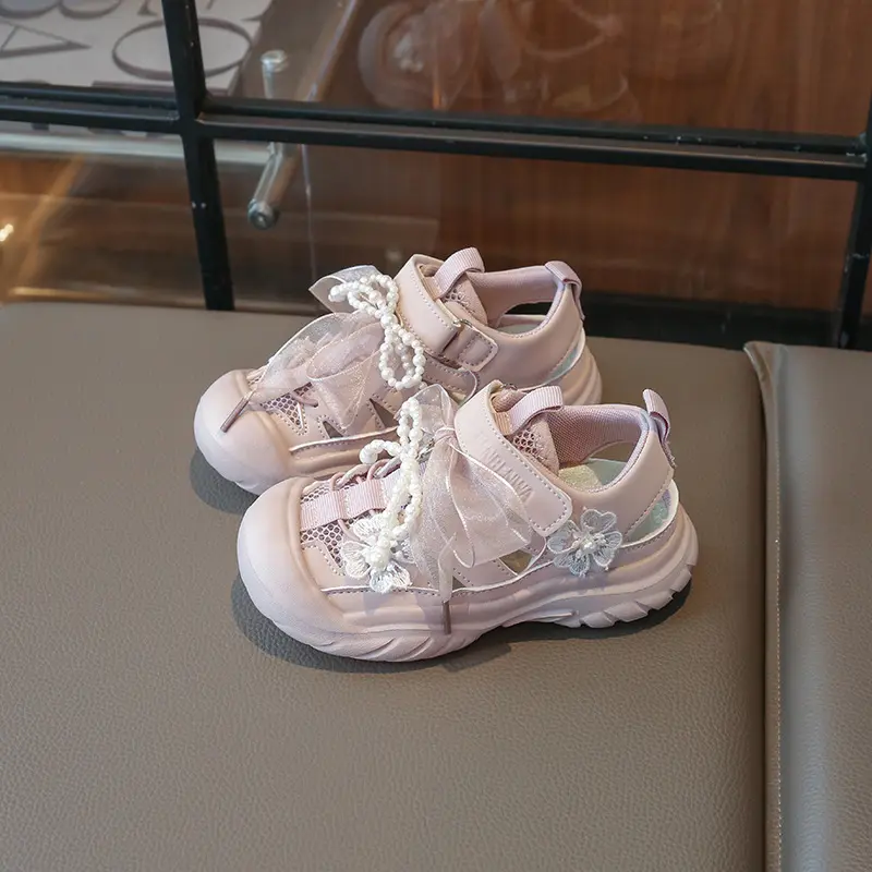 Girls Casual Shoes Fresh Mesh Sneakers Kids Summer Children Tenis Shoes Appliques Cute Sport Ribbons Running Shoes Flower I06111