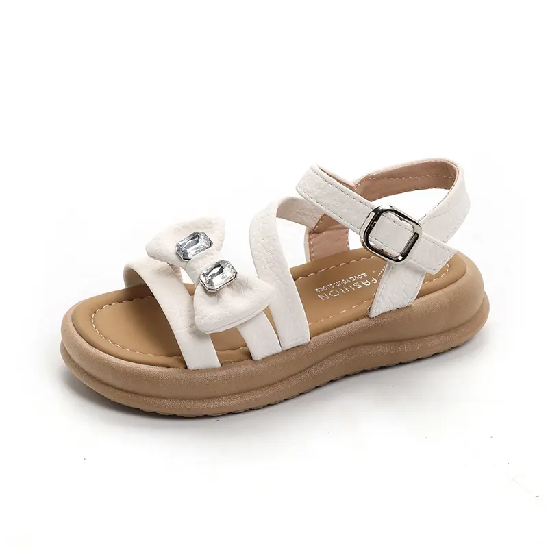 2025 Girls Sandals Kids Soft Soles Casual Princess Shoes Bling Diamond Beach Shoes Bow-tie Girl Roman Sandals with Buckle I06069