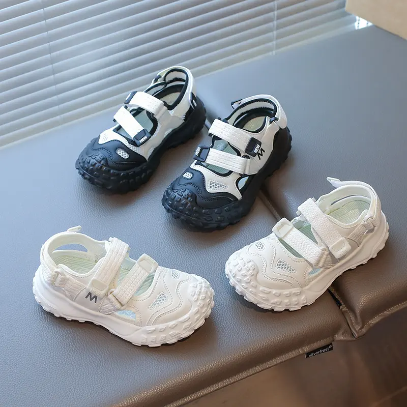 Kids Sports Sandals Sneakers Cover Toe Girl's Boy Hollow Shoes Hook Loop 2025 Summer Children Beach Mesh Shoes Size 26-36 I06264