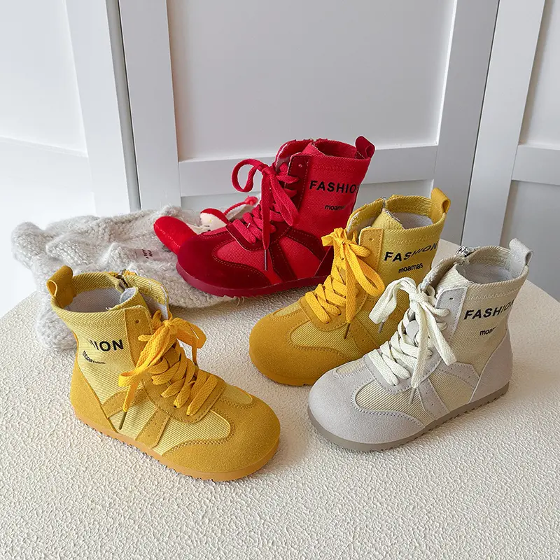 Fashion Long Canvas Boots for Kids Autumn Versatile Soft Sole Children Boot Suede Leahter Platform Shoes Girl Boy Sneaker I08054