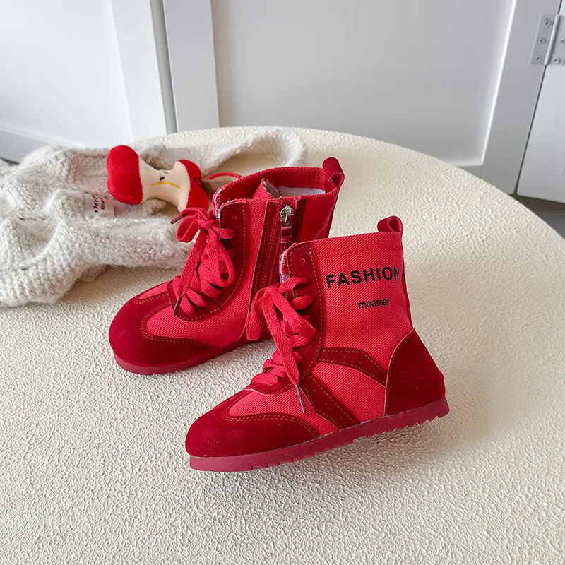 Fashion Long Canvas Boots for Kids Autumn Versatile Soft Sole Children Boot Suede Leahter Platform Shoes Girl Boy Sneaker I08054