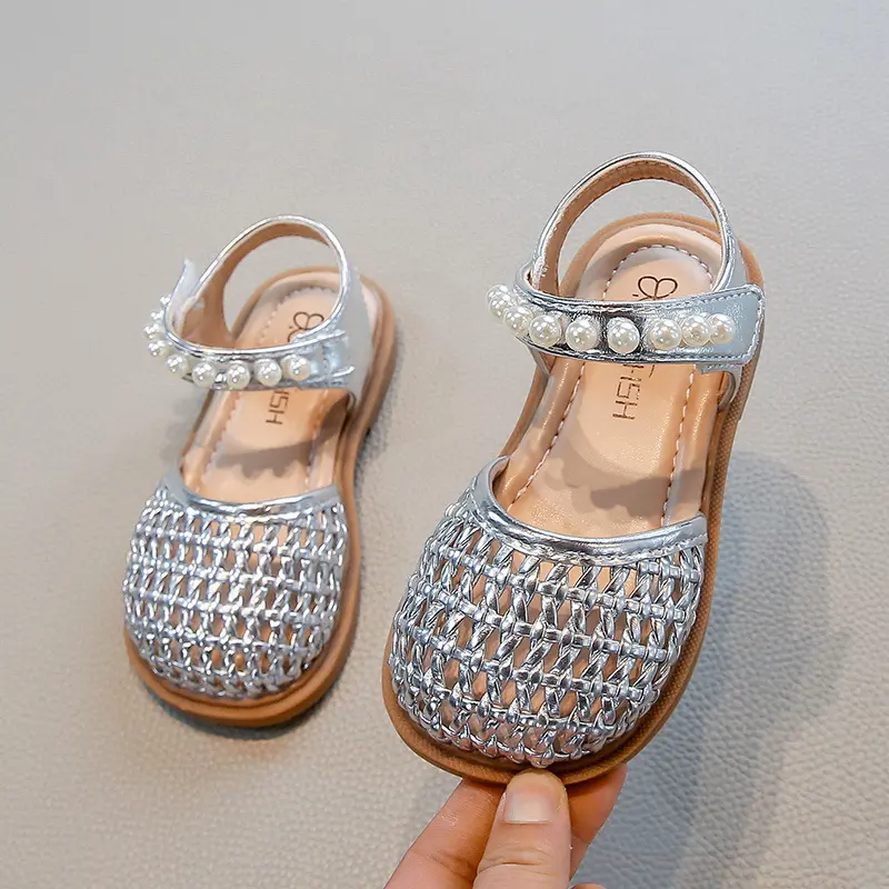 Retro Girl's Woven Toes Sandals Children's Princess Shoes Girls Snandals Summer PU Leather Beading Students Shoes Sandals I06103